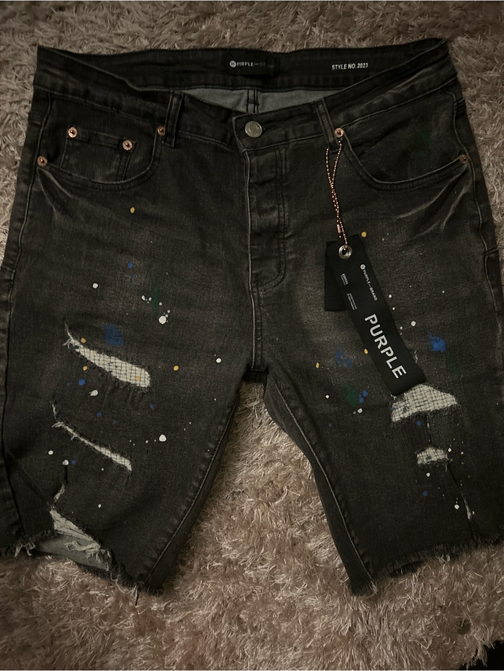 Distressed Paint-Splatter Black Denim Shorts - Men